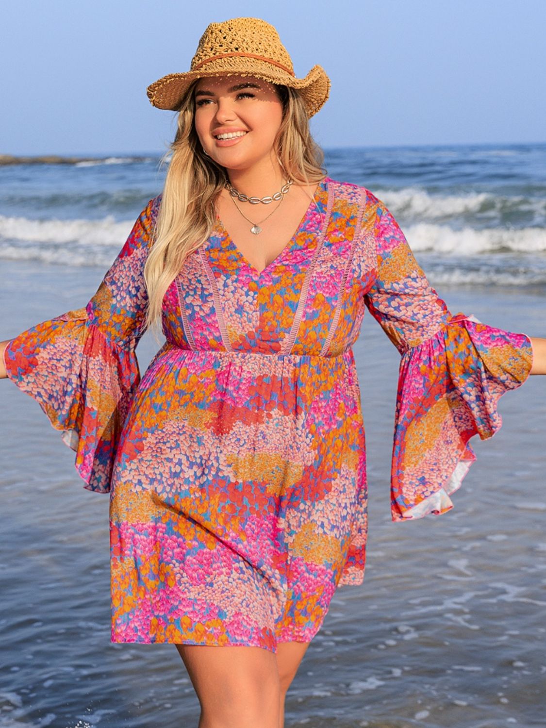 Plus Size Ruched Printed Long Sleeve Dress Mini Dresses JT's Designer Fashion