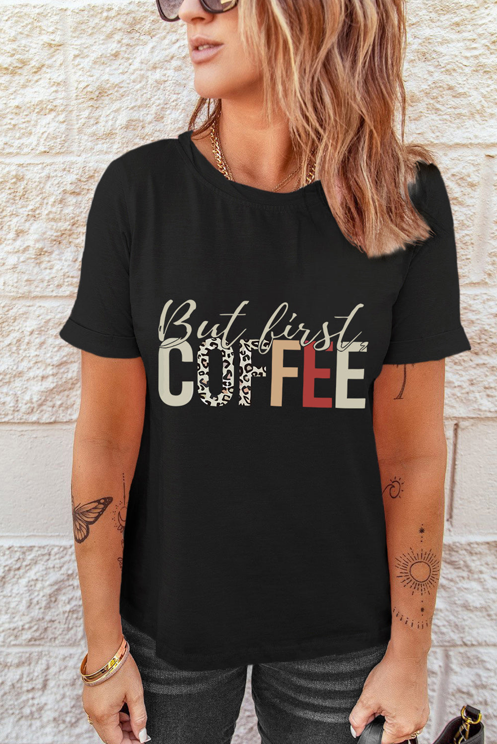 Black But First Coffee Leopard Print Crew Neck T Shirt Graphic Tees JT's Designer Fashion