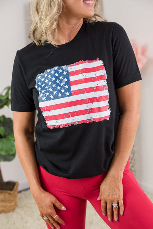 Black Frayed American Flag Printed Crewneck T Shirt Graphic Tees JT's Designer Fashion