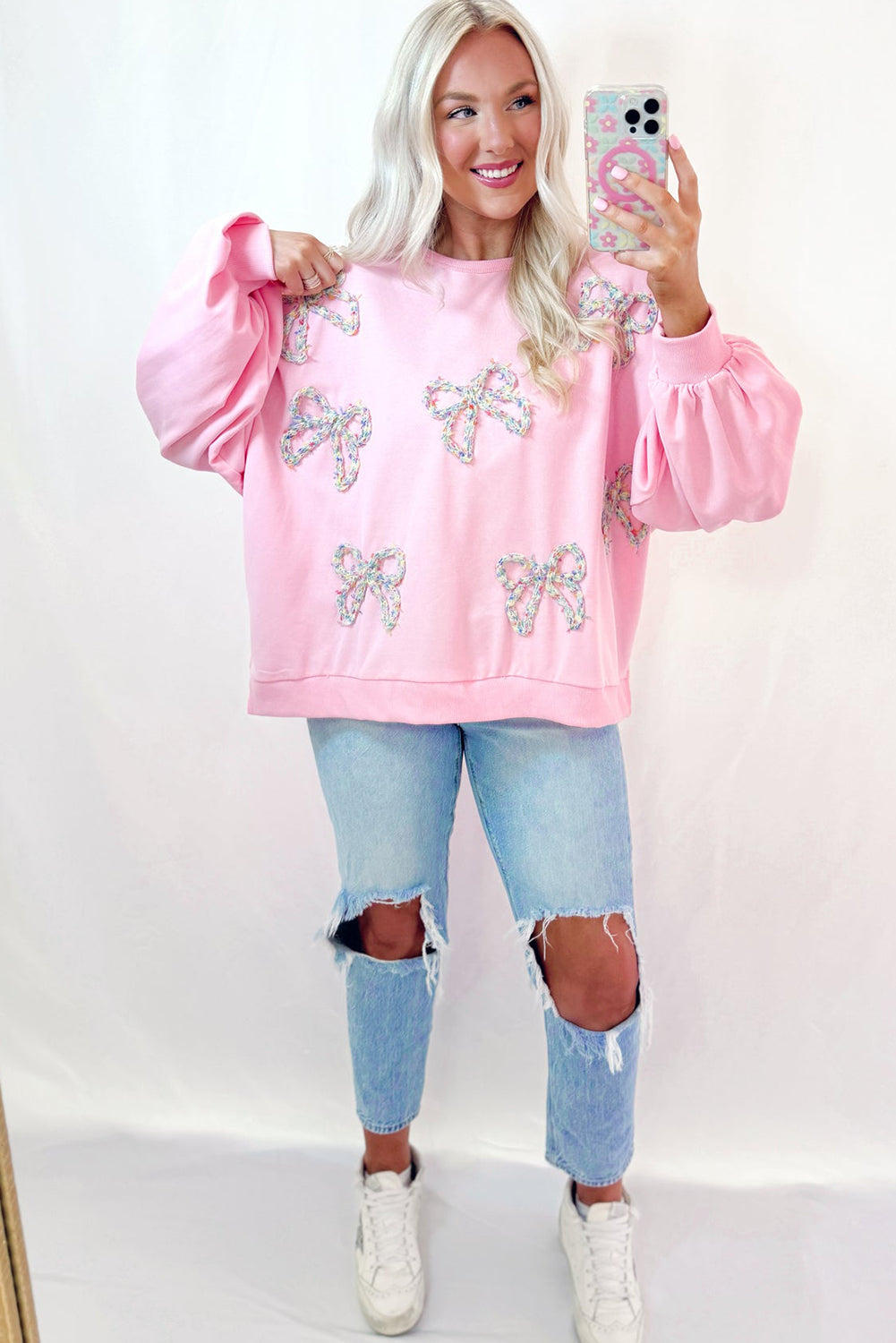 Light Pink Embroidered Bow Lantern Sleeve Oversized Pullover Sweatshirt Sweatshirts & Hoodies JT's Designer Fashion