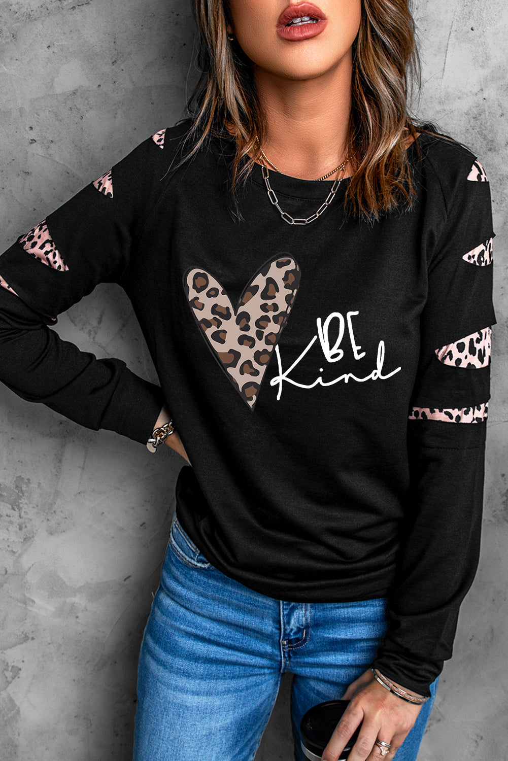 Be Kind Leopard Heart Print Cut Out Long Sleeve Sweatshirt Graphic Sweatshirts JT's Designer Fashion