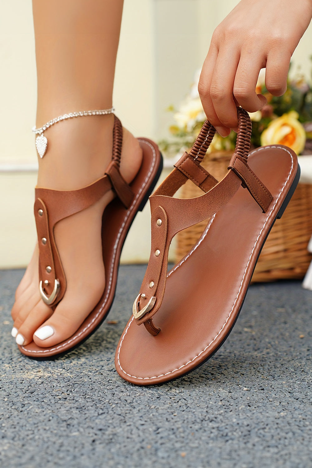 Chestnut Faux Leather Hollow Out Clip Toe Flat Sandals Sandals JT's Designer Fashion