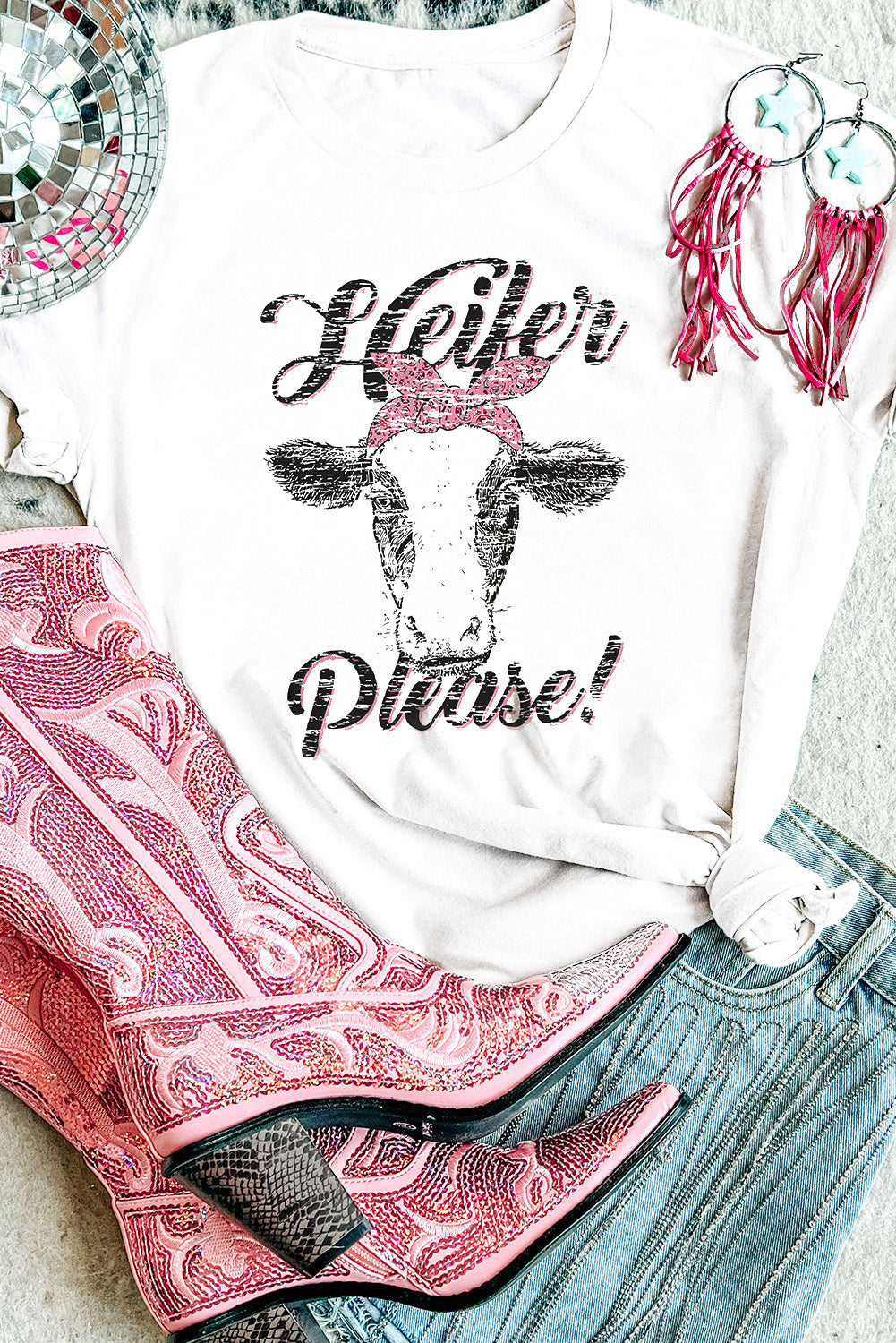 White Heifer Please Cute Graphic Print T Shirt White 95%Polyester+5%Elastane Graphic Tees JT's Designer Fashion