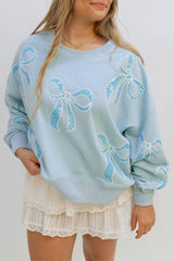 Beau Blue Sequined Bowknot Drop Shoulder Oversized Sweatshirt Sweatshirts & Hoodies JT's Designer Fashion