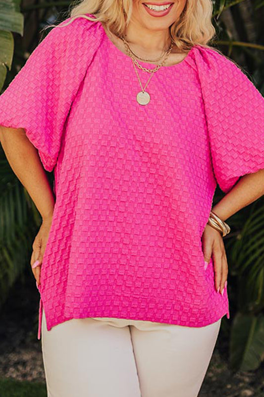 Coral Paradise Solid Textured Bubble Sleeve Plus Size Blouse Plus Size JT's Designer Fashion