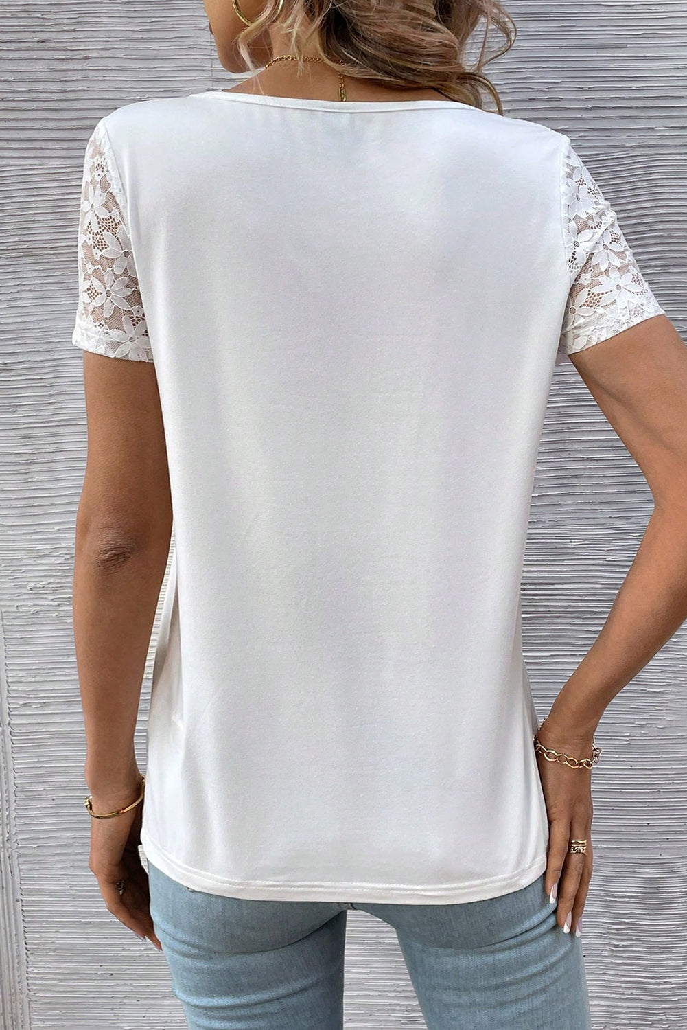 White Contrast Lace V-Neck Patchwork Sleeve Casual T-Shirt Pre Order Tops JT's Designer Fashion
