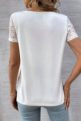 White Contrast Lace V-Neck Patchwork Sleeve Casual T-Shirt Pre Order Tops JT's Designer Fashion