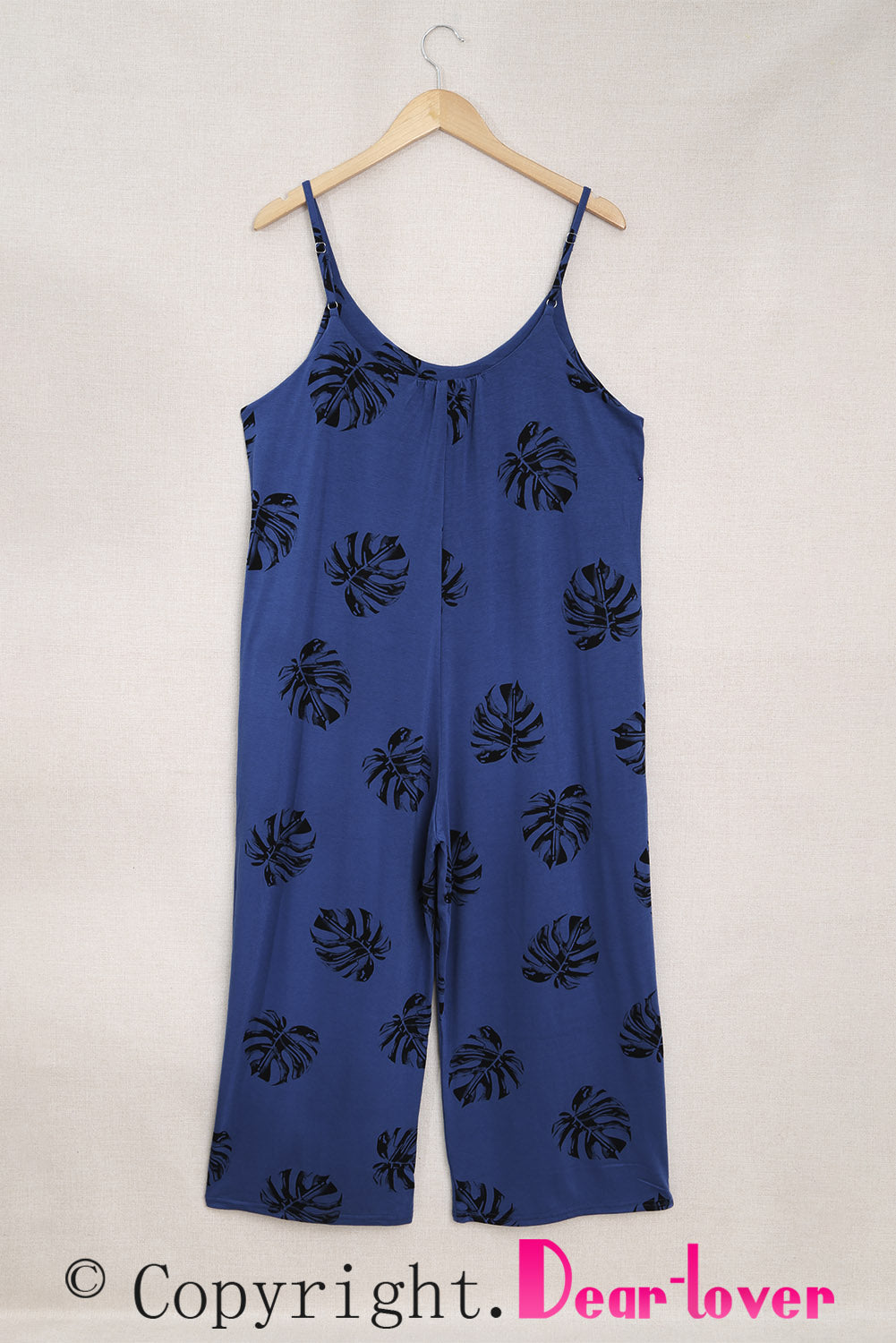 Blue Palm Leaves Print Spaghetti Strap Wide Leg jumpsuit Jumpsuits & Rompers JT's Designer Fashion