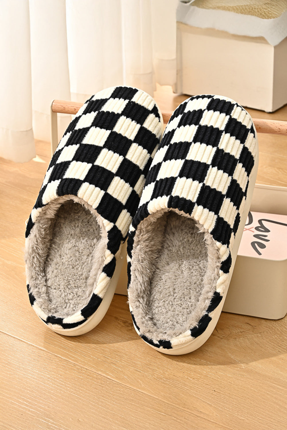 Black Checkered Print Ribbed Plush Lined Winter Slippers Slippers JT's Designer Fashion