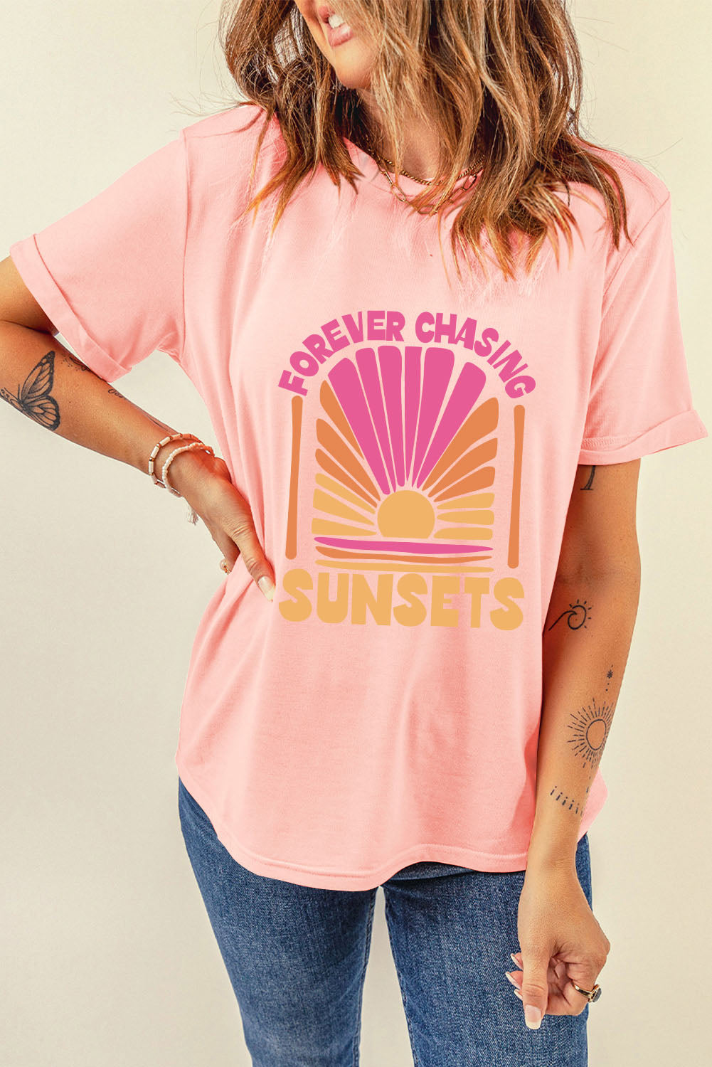 Pink FOREVER CHASING SUNSET Graphic T Shirt Graphic Tees JT's Designer Fashion