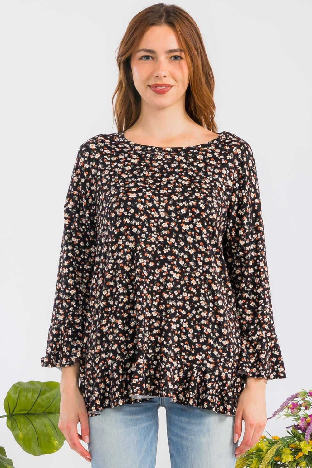 Celeste Full Size Floral Ruffle Detail Top Long Sleeve Shirts JT's Designer Fashion