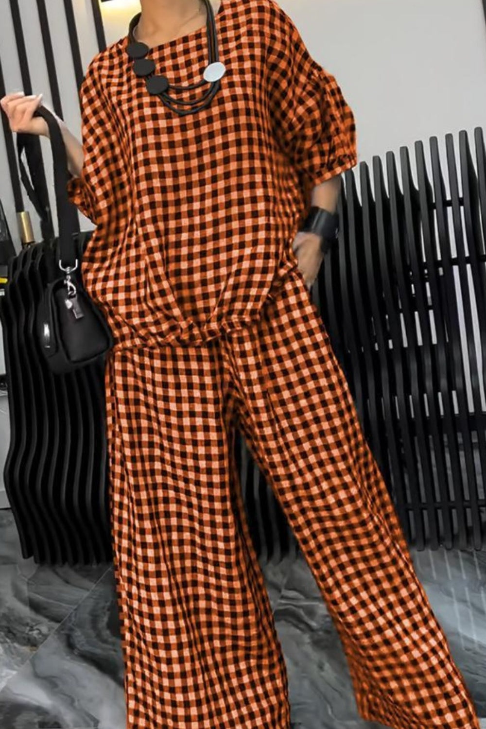 Full Size Plaid Round Neck Half Sleeve Top and Pants Set Terracotta Pant Sets JT's Designer Fashion