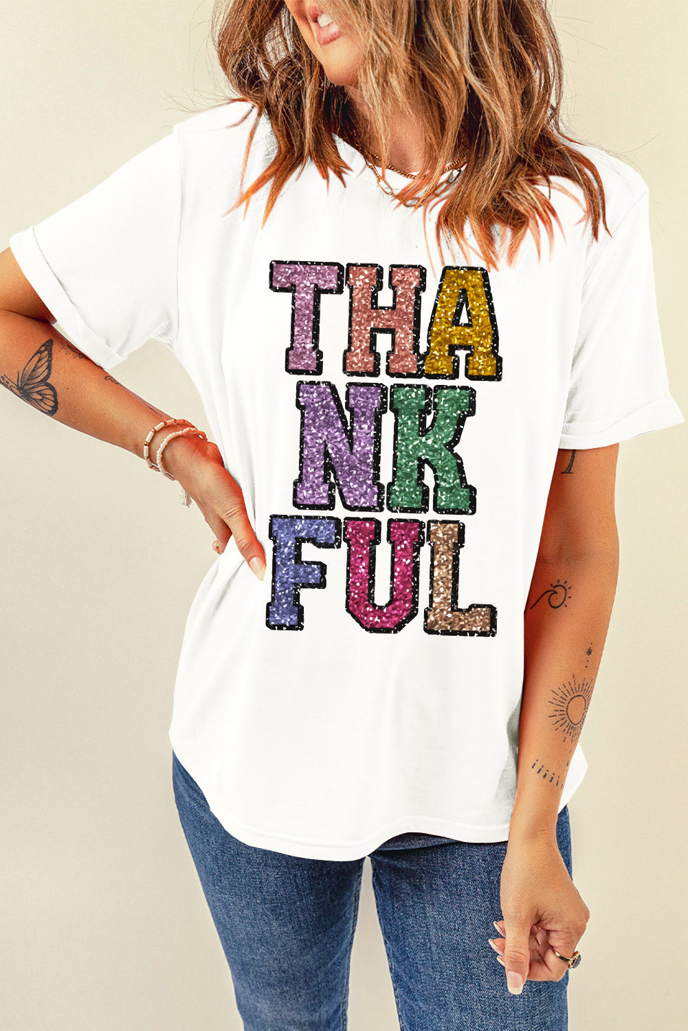 White Heat-transfer Printed THANKFUL Letter Graphic T Shirt Graphic Tees JT's Designer Fashion