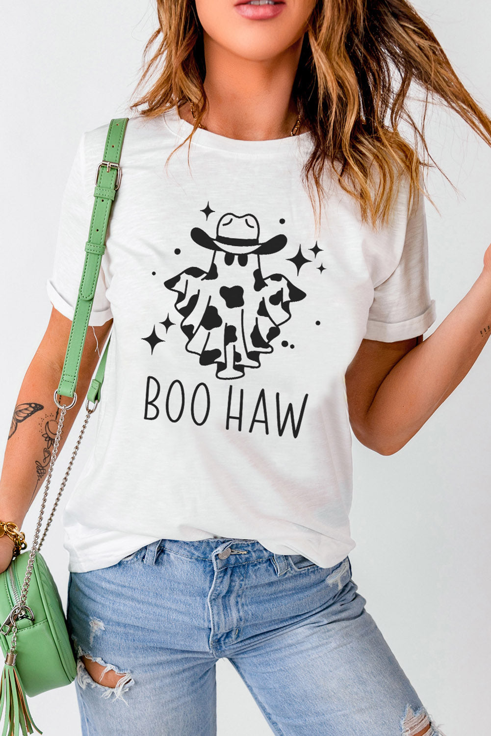 White Halloween BOO HAW Graphic Crew Neck Tee Graphic Tees JT's Designer Fashion