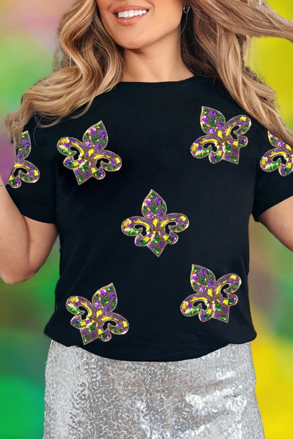 Black Maid Gras Sequin Fleur de Lis Graphic T Shirt Graphic Tees JT's Designer Fashion