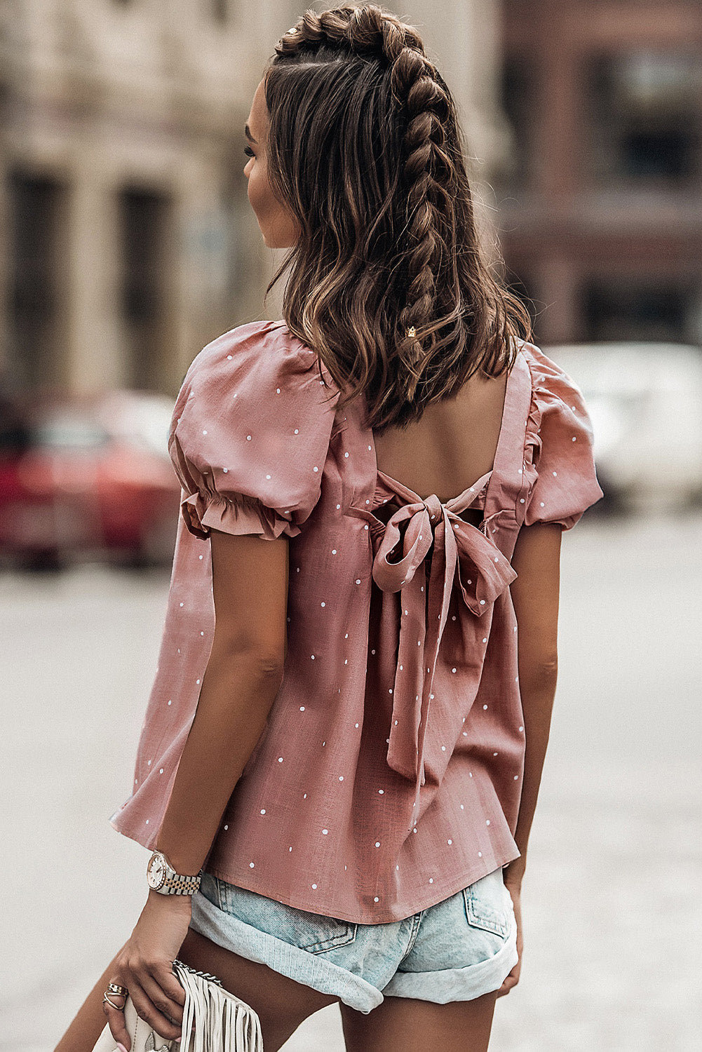 Pink Square Neck Dotted Print Puff Sleeve Blouse with Tie Back Blouses & Shirts JT's Designer Fashion