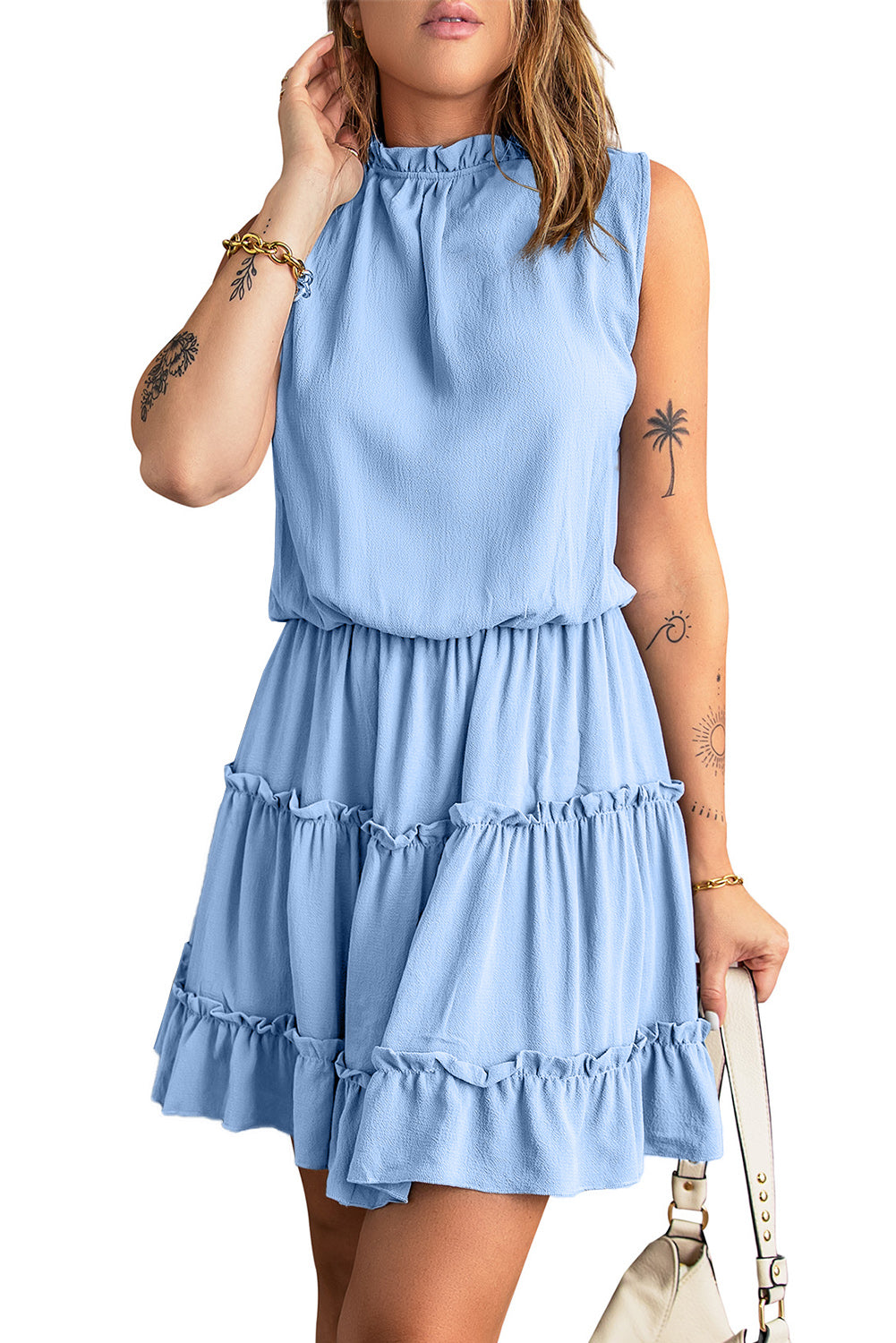 Sky Blue Sleeveless V Neck Ruffled Swing Mini Dress Mini Dresses JT's Designer Fashion