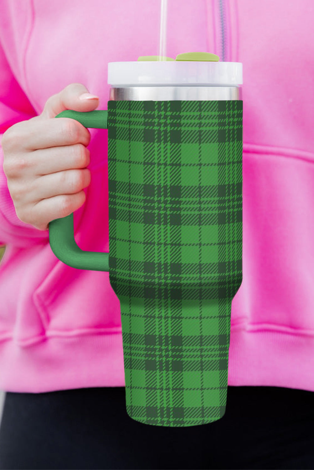 Dark Green Plaid Print Handle Stainless Vacuum Cup 1200ML Tumblers JT's Designer Fashion