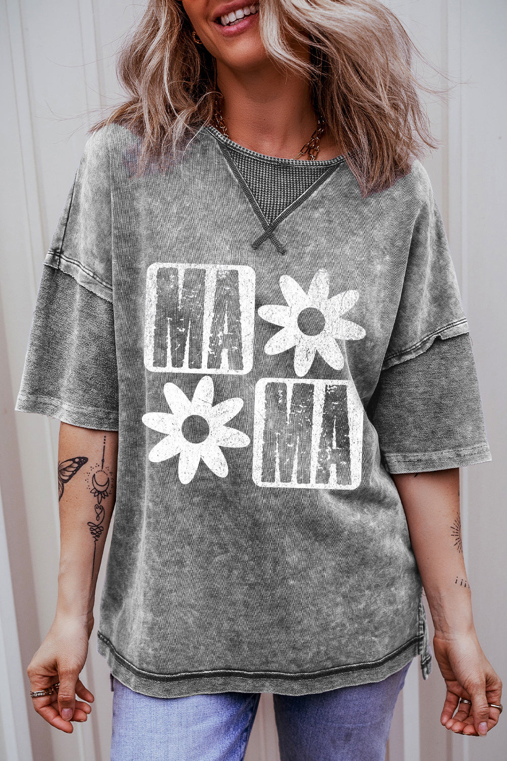 Philippine Gray MAMA Daisy Flower Graphic Mineral Wash Drop Shoulder Vintage Tee Graphic Tees JT's Designer Fashion