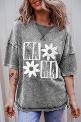 Philippine Gray MAMA Daisy Flower Graphic Mineral Wash Drop Shoulder Vintage Tee Graphic Tees JT's Designer Fashion