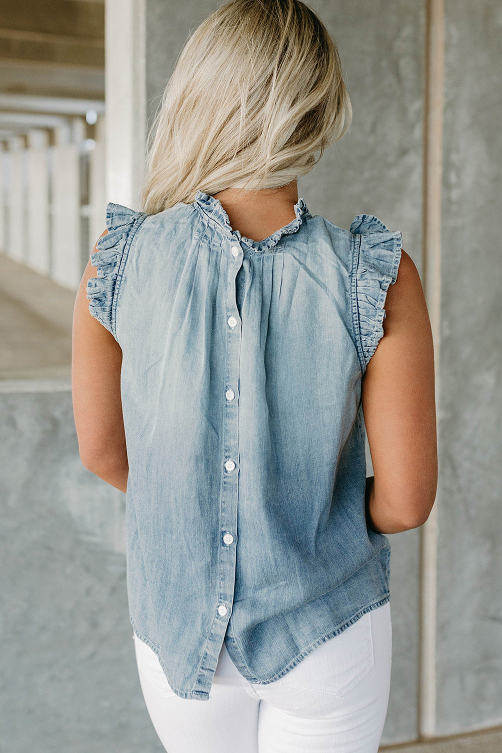 Beau Blue Frilly Pleated Button Back Retro Chambray Top Pre Order Tops JT's Designer Fashion