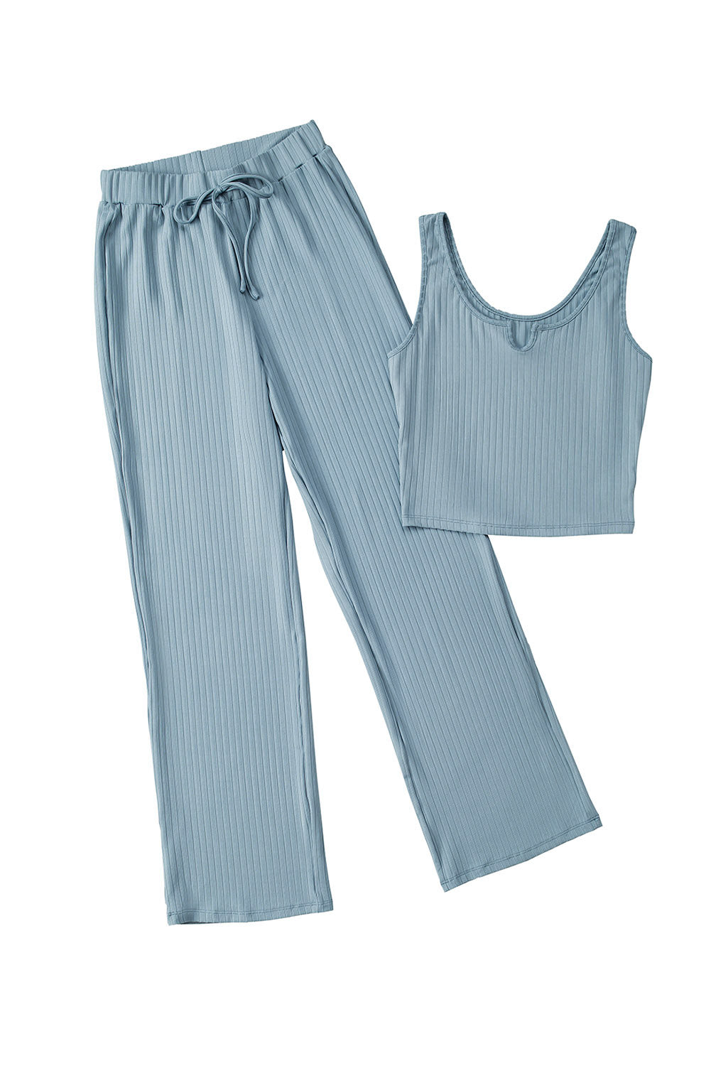 Blue Ribbed Crop Tank Drawstring Lounge Pants Set Pant Sets JT's Designer Fashion