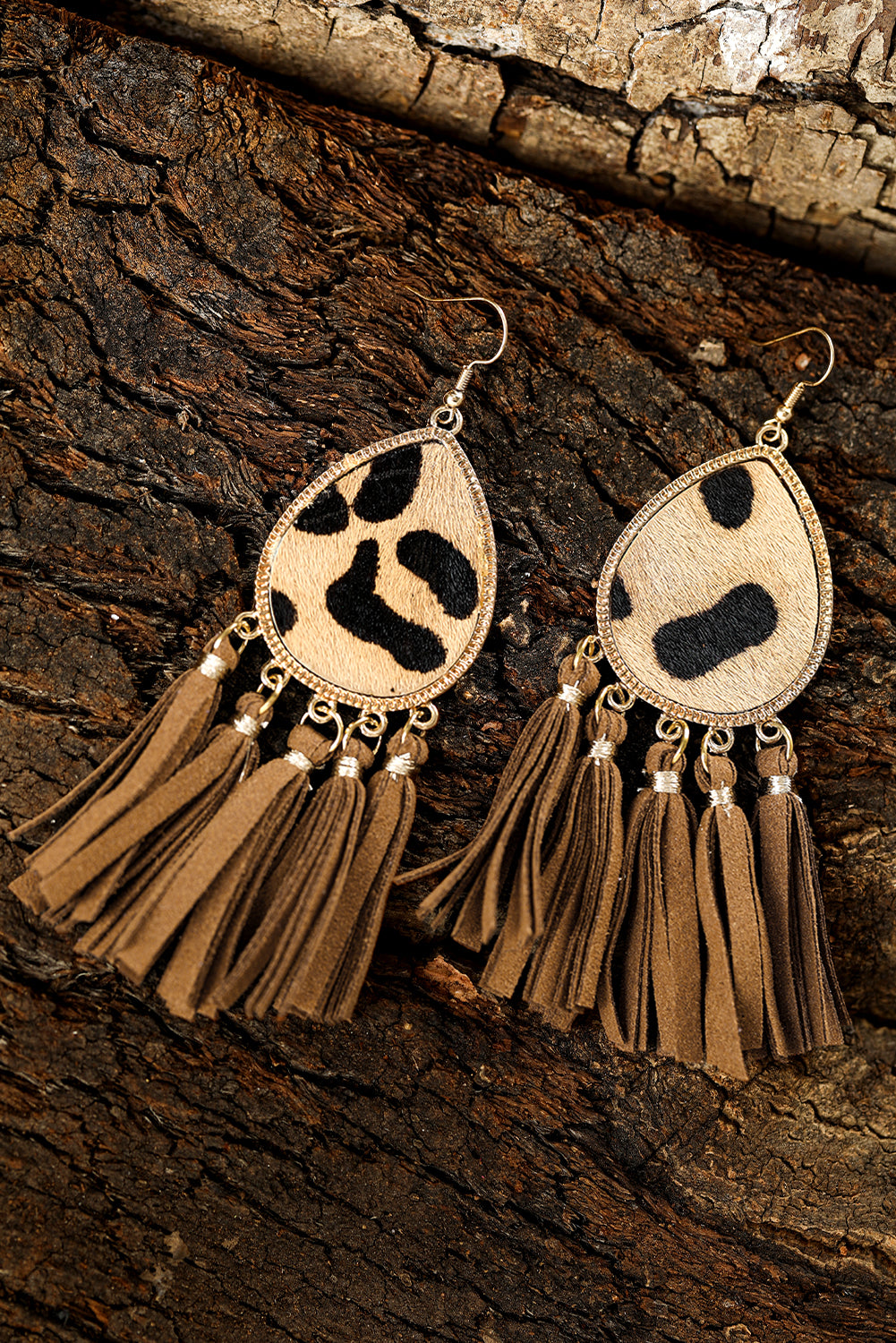 honey gold Boho Leopard Print Tasseled Hook Earrings Jewelry JT's Designer Fashion