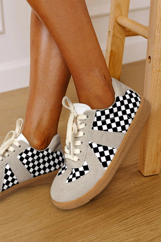 Black Checkerboard Patchwork Lace-up Flat Leatherette Shoes Women's Shoes JT's Designer Fashion