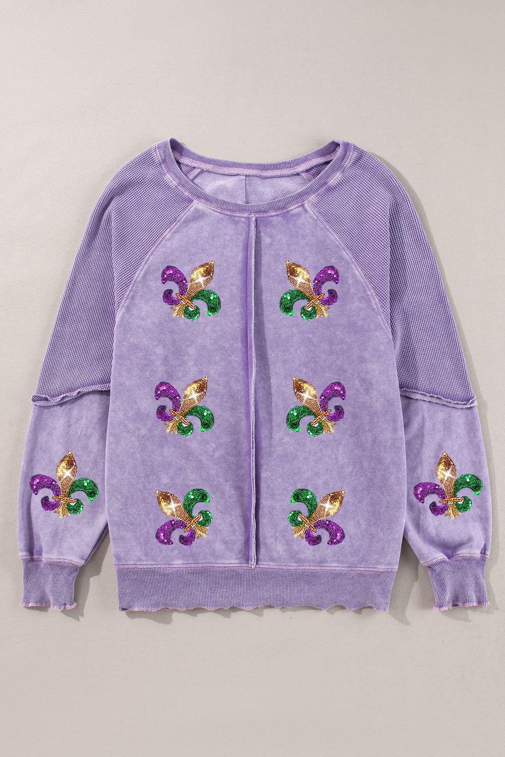 Orchid Petal Mardi Gras Patched Pattern Waffle Patchwork Sweatshirt Graphic Sweatshirts JT's Designer Fashion