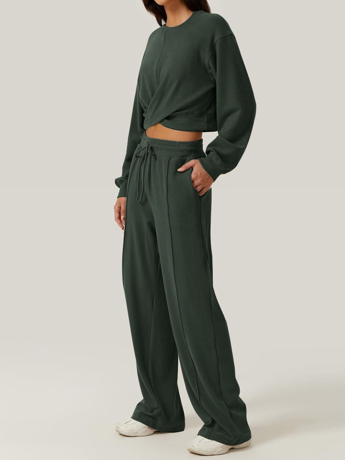 Crisscross Round Neck Top and Drawstring Pants Set Pant Sets JT's Designer Fashion