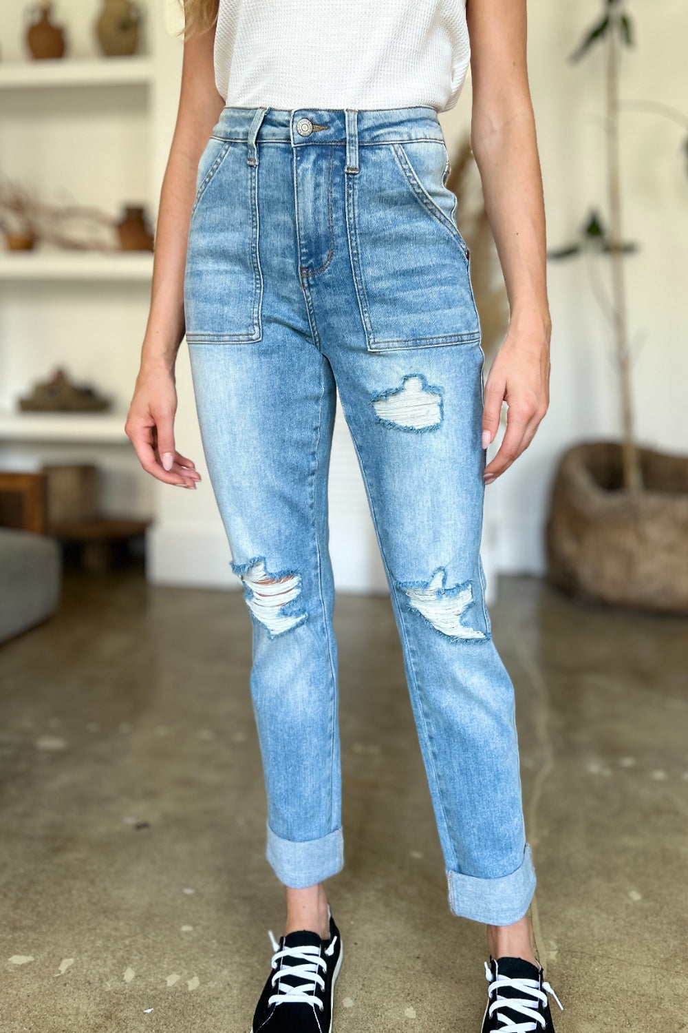 Judy Blue Full Size Distressed Straight Jeans with Patch Pockets Jeans JT's Designer Fashion