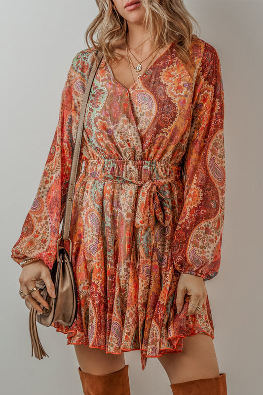 Orange Boho Paisley Print Long Sleeve Pleated Belted Mini Dress Mini Dresses JT's Designer Fashion