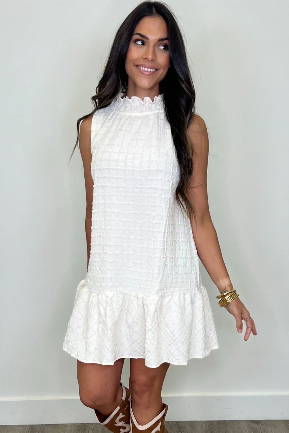White Textured Frilled High Neck Sleeveless Ruffled Mini Dress Mini Dresses JT's Designer Fashion