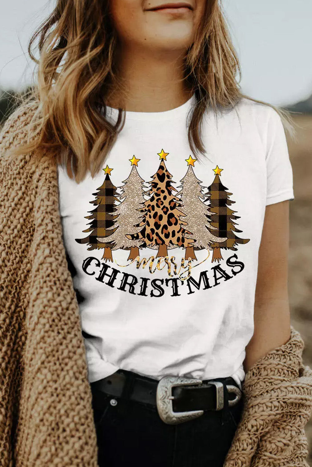 White Merry Christmas Plaid Leopard Trees Graphic T Shirt Graphic Tees JT's Designer Fashion