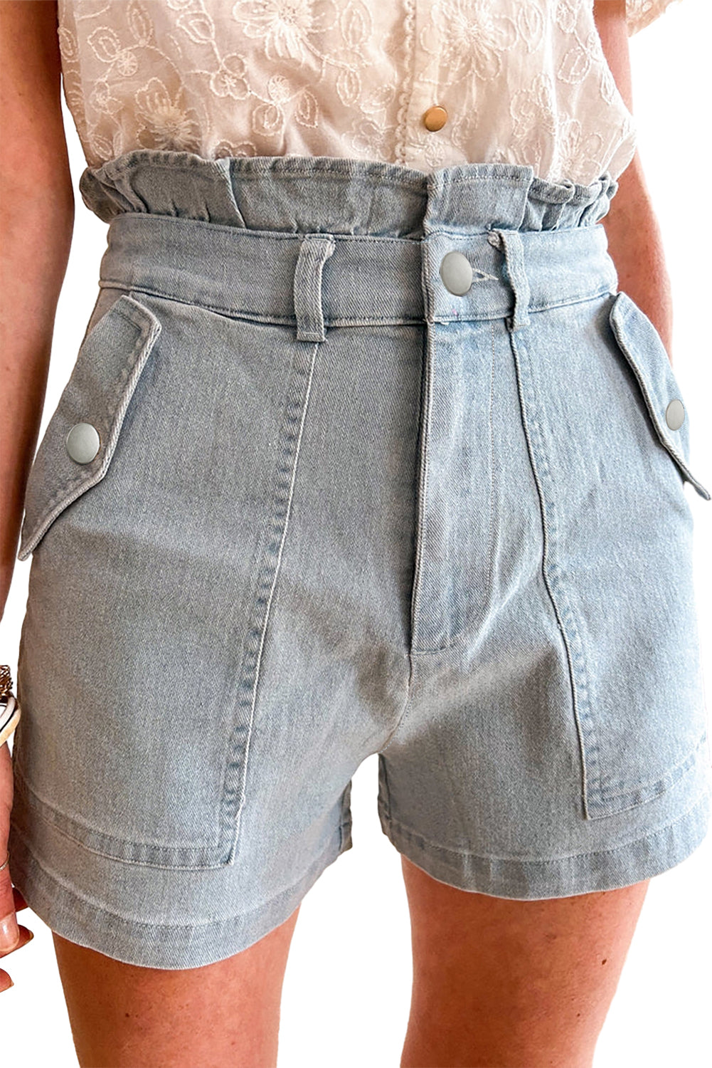 Beau Blue Ruffled High Waist Flap Pockets Denim Shorts Pre Order Bottoms JT's Designer Fashion