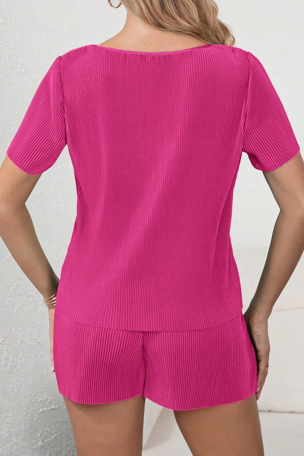 Bright Pink Casual Pleated Short Two-piece Set Bottoms JT's Designer Fashion