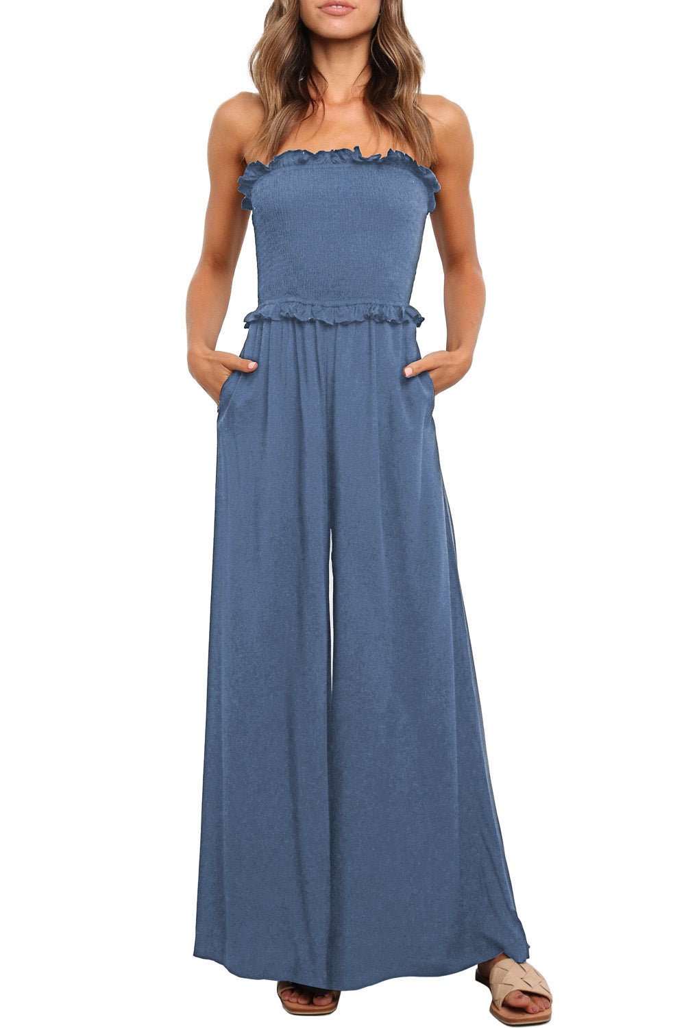 Blue Smocked Bandeau Wide Leg Jumpsuit Jumpsuits & Rompers JT's Designer Fashion