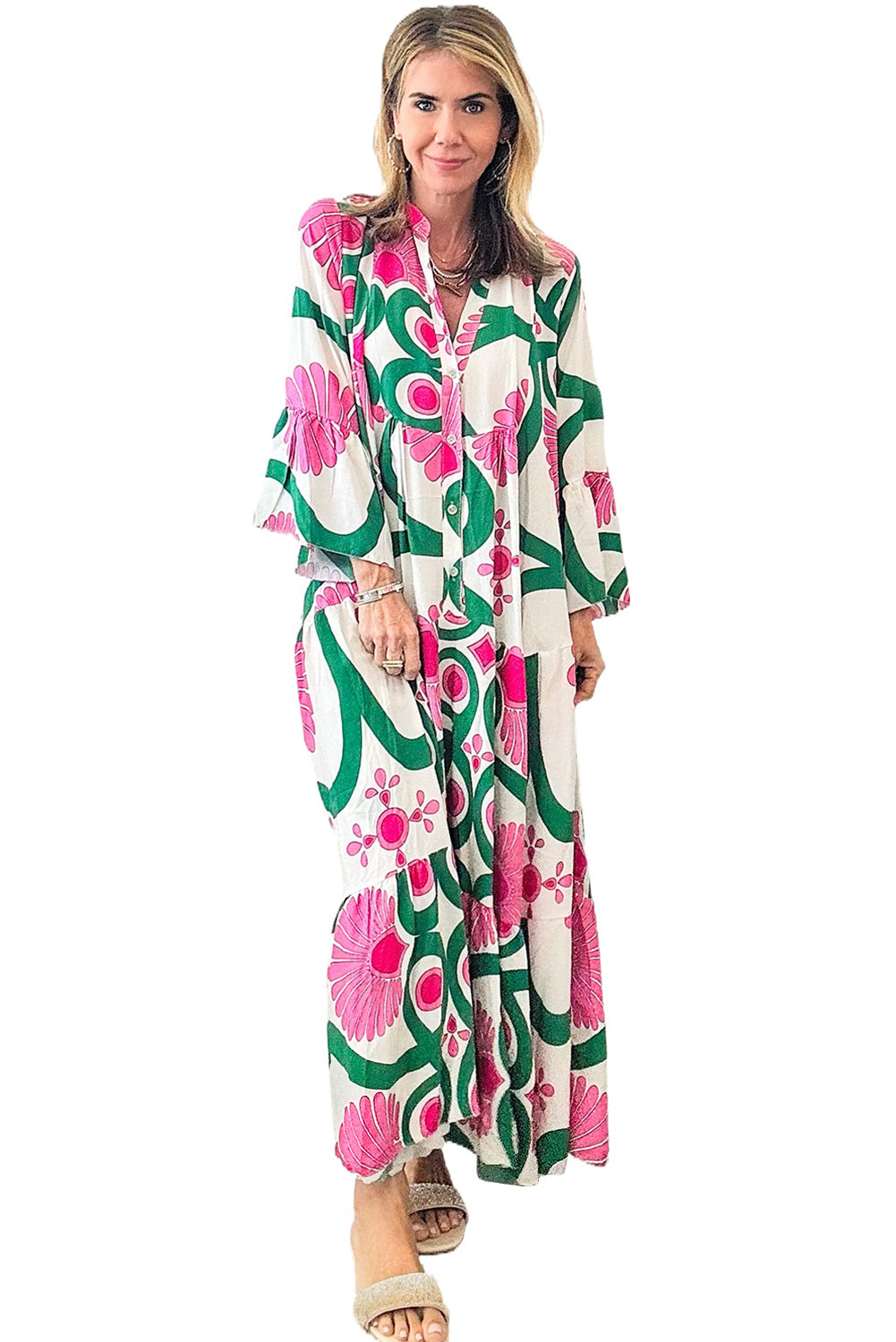 Pink Boho Floral Printed Long Sleeve Buttoned Loose Maxi Dress Maxi Dresses JT's Designer Fashion