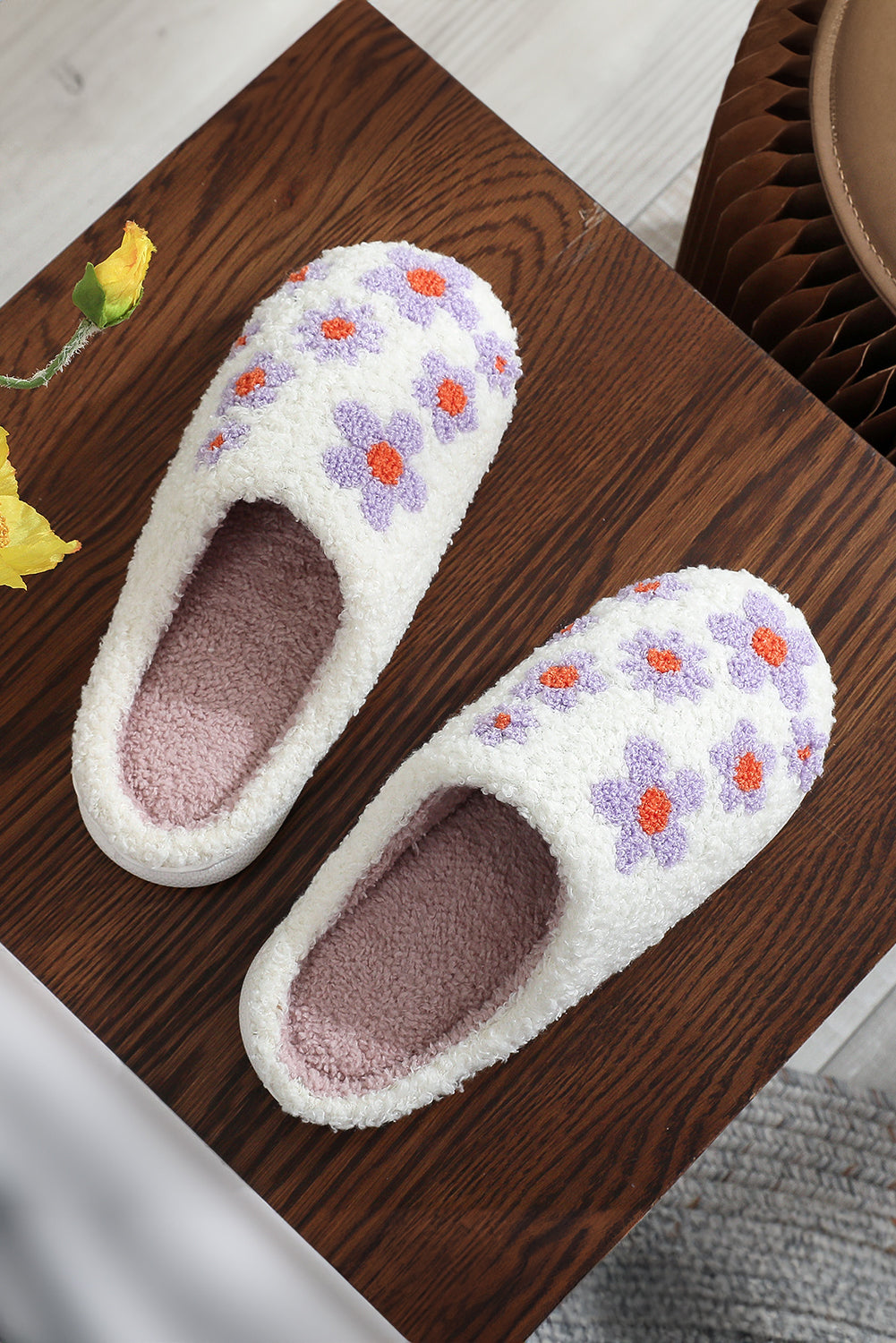 Tillandsia Purple Cute Floral Printed Plush Home Slippers Slippers JT's Designer Fashion