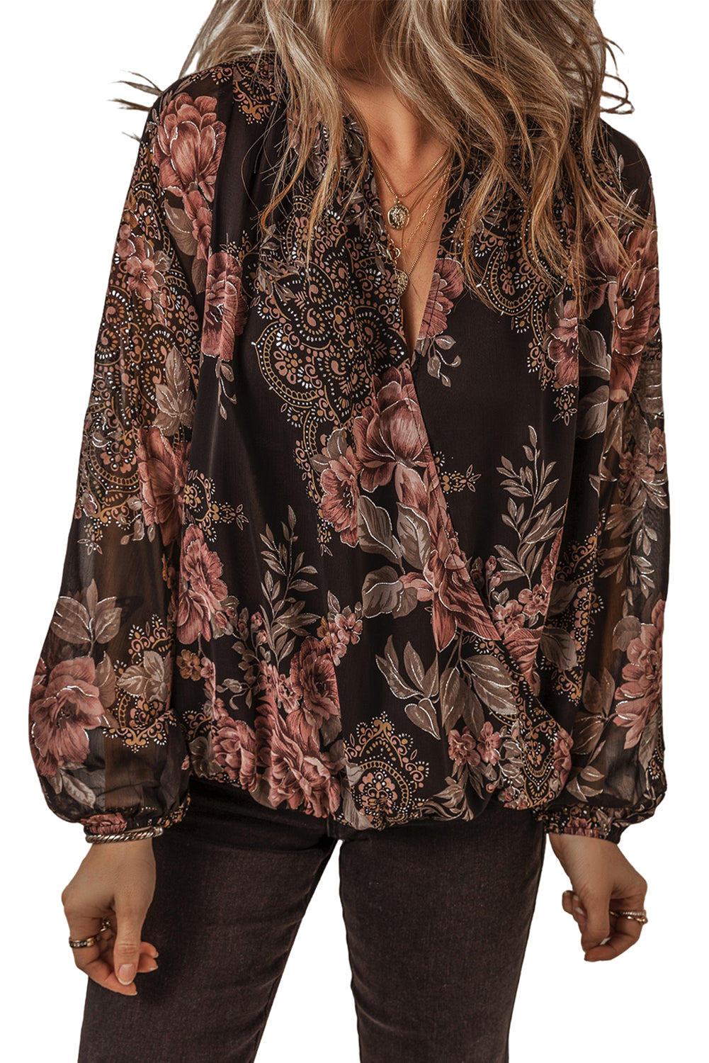 Black Floral Print Criss Cross V Neck Balloon Sleeve Blouse Blouses & Shirts JT's Designer Fashion