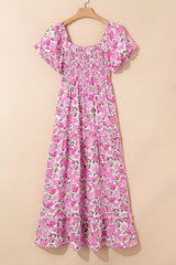 Pink Dainty Floral Smocked Puff Sleeve Flowy Long Dress Maxi Dresses JT's Designer Fashion