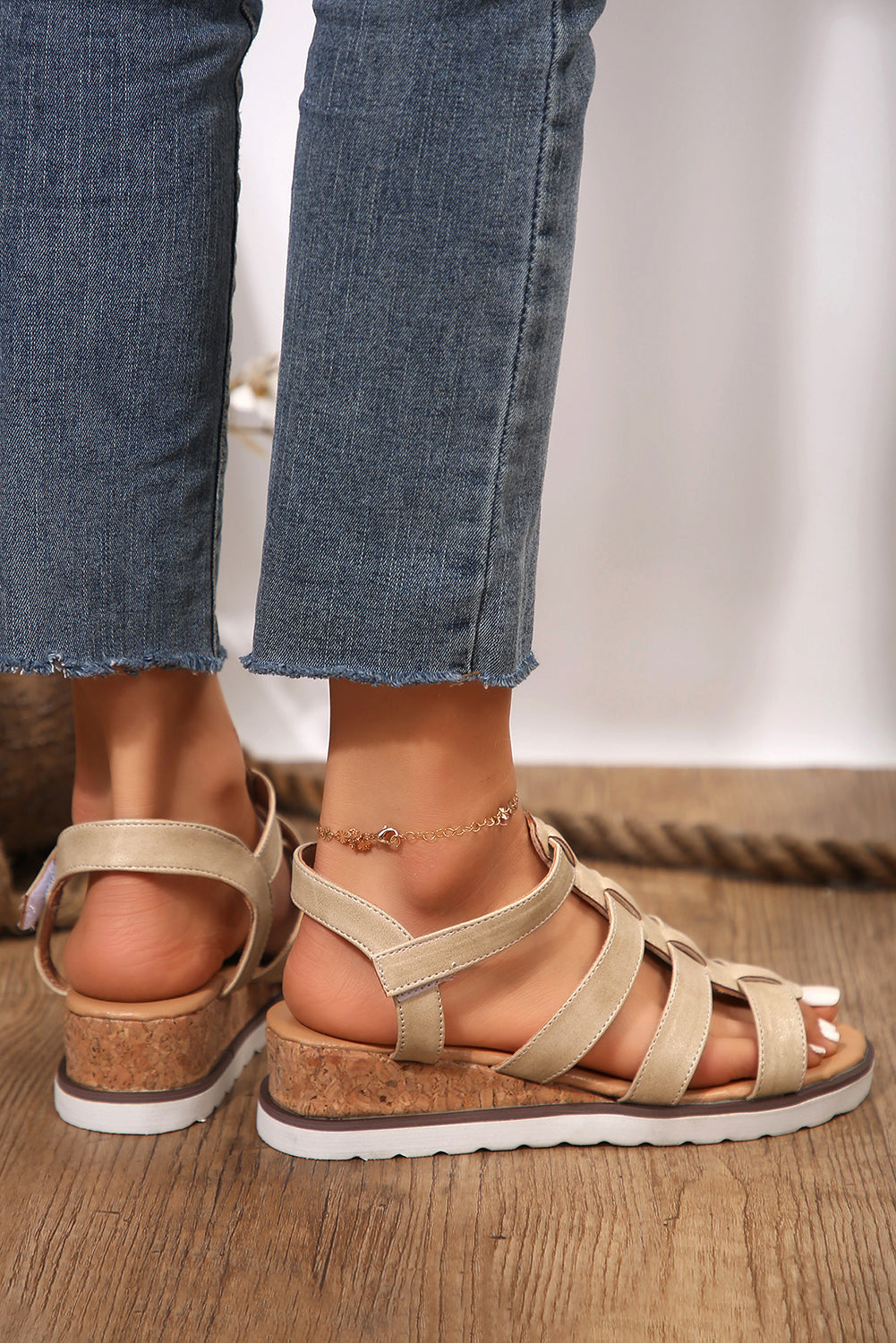 Beige Hollowed Leather Straps Wedge Sandals Sandals JT's Designer Fashion