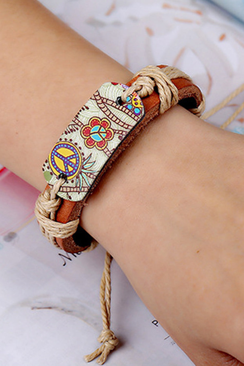 Cinnamon Vintage Boho Floral Printed Braided Rope Leather Bracelet Jewelry JT's Designer Fashion