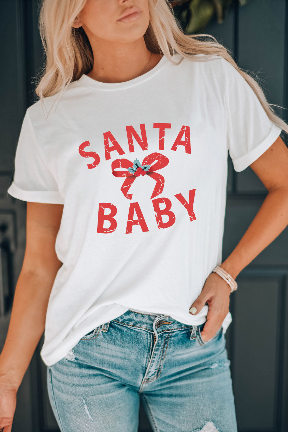 White SANTA BABY Gift Bow Graphic Tee Graphic Tees JT's Designer Fashion