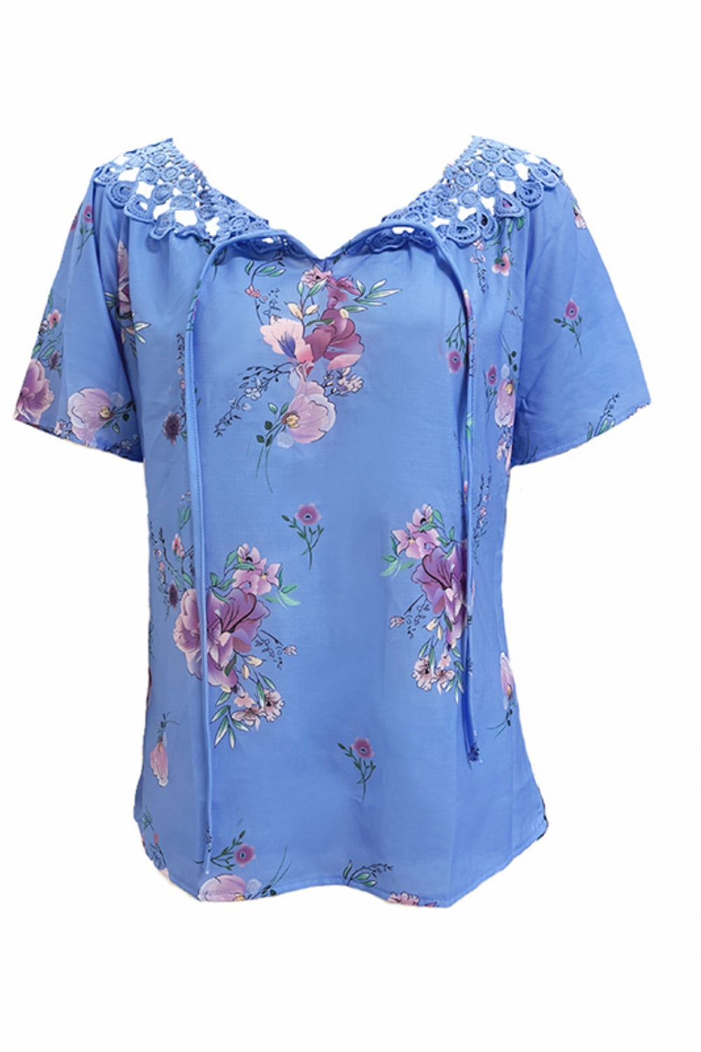 Full Size Printed Tie Neck Short Sleeve Blouse Blouses & Shirts JT's Designer Fashion