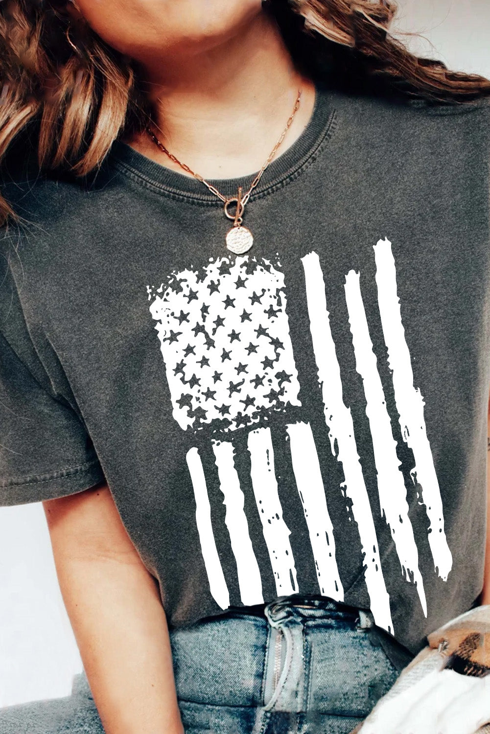 Black Vintage American Flag Graphic Print Crew Neck Top Graphic Tees JT's Designer Fashion