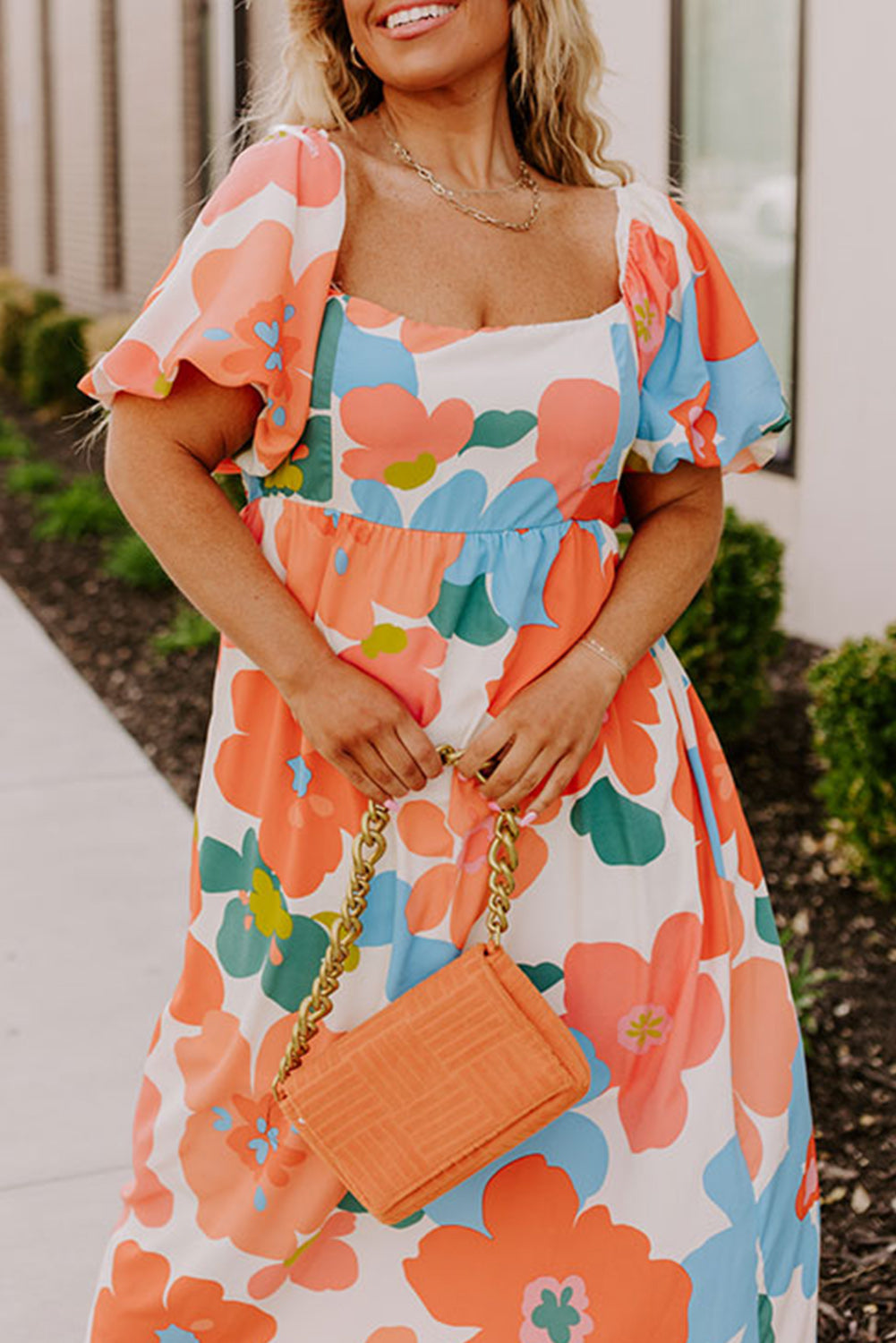 Orange Plus Size Flower Print Shirred Square Neck Maxi Dress Plus Size JT's Designer Fashion