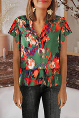 Green Abstract Print Notch V Neck Belted Blouse Blouses & Shirts JT's Designer Fashion