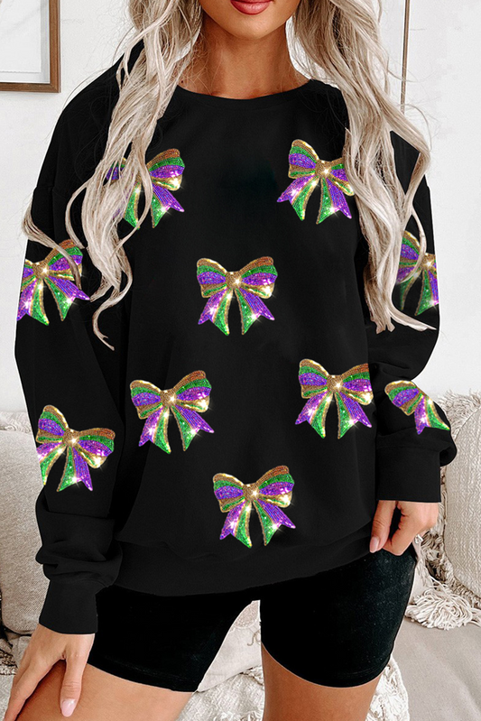 Black Sequin Mardi Gras Bow Graphic Drop Shoulder Pullover Sweatshirt Graphic Sweatshirts JT's Designer Fashion