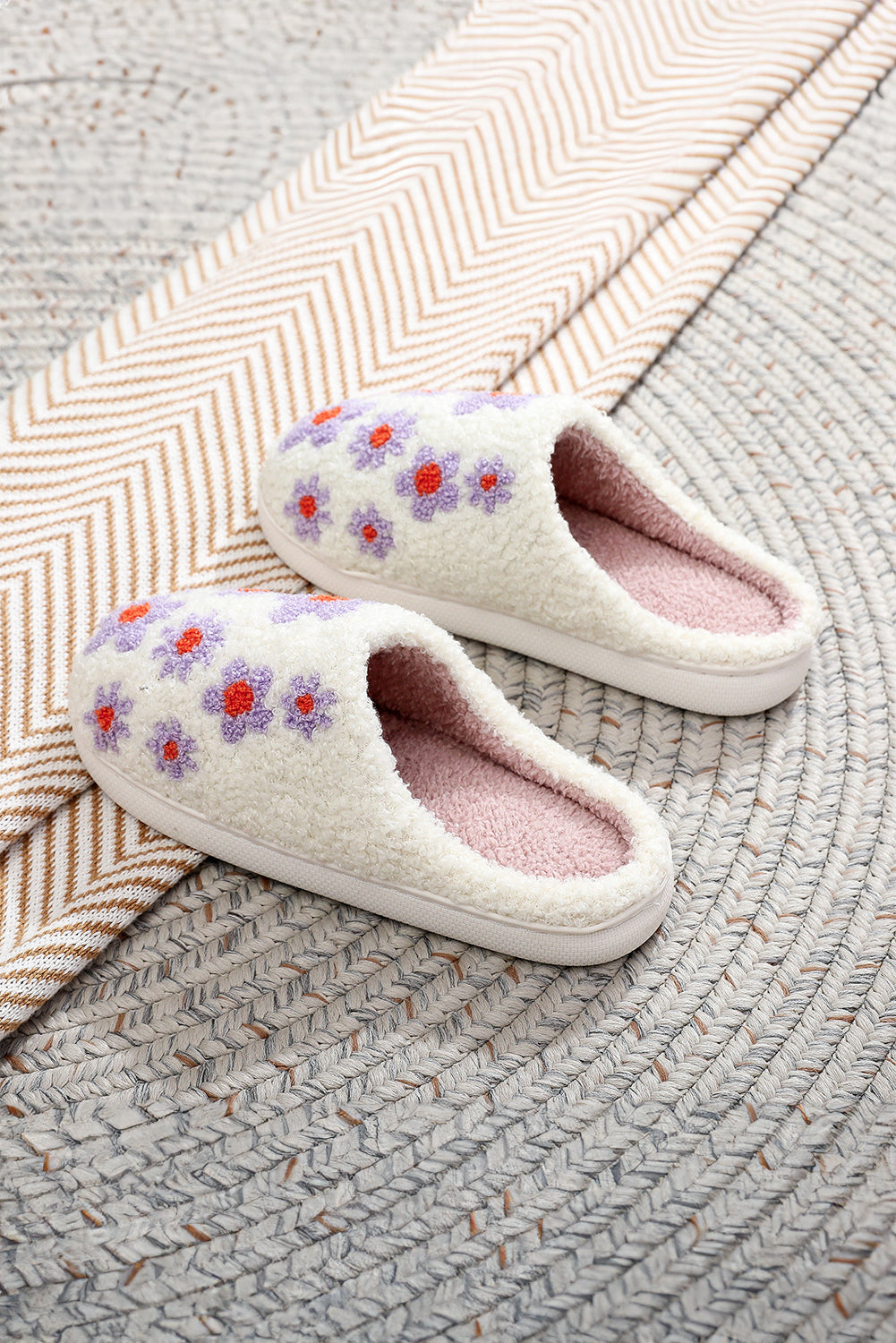 Tillandsia Purple Cute Floral Printed Plush Home Slippers Slippers JT's Designer Fashion